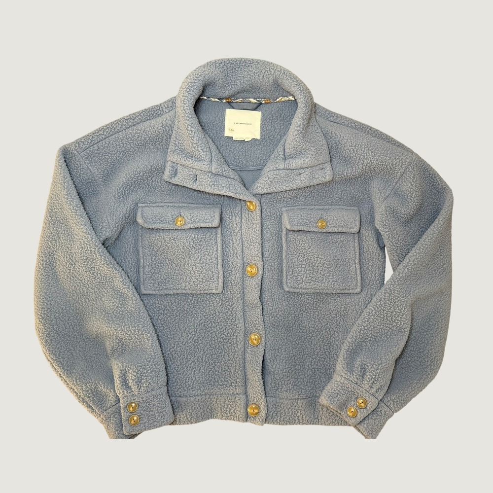 Anthropologie Blue Sherpa Fleece Button Down Jacket Womens Small Cropped Cozy